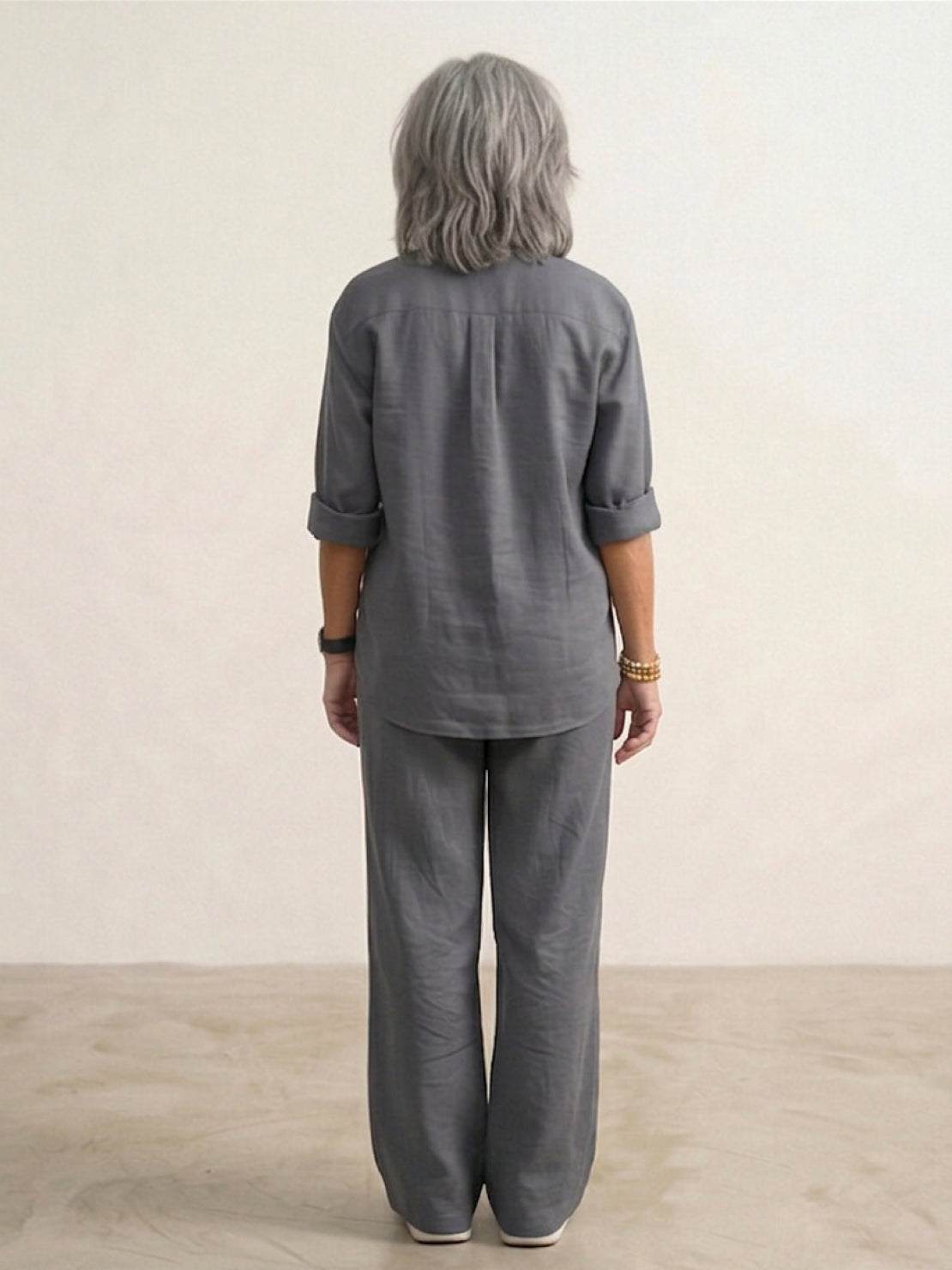 Relaxed shirt and trousers two-piece set in monochrome, soft breathable fabric with loose fit for casual all-season wear