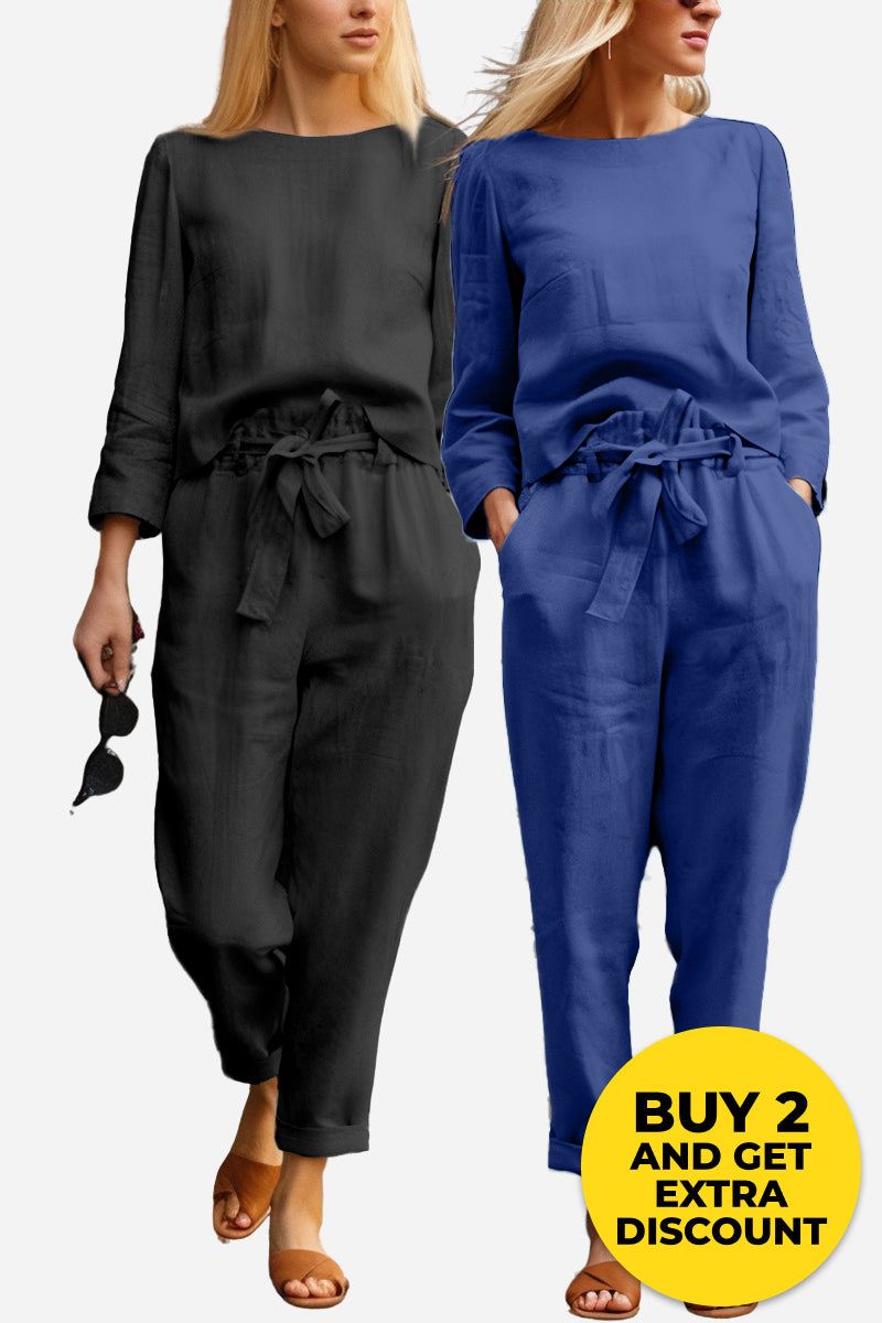 Retro Monochrome Linen two-piece set with black and blue linen blend wide-leg pants and pullover tops, casual and breathable style.