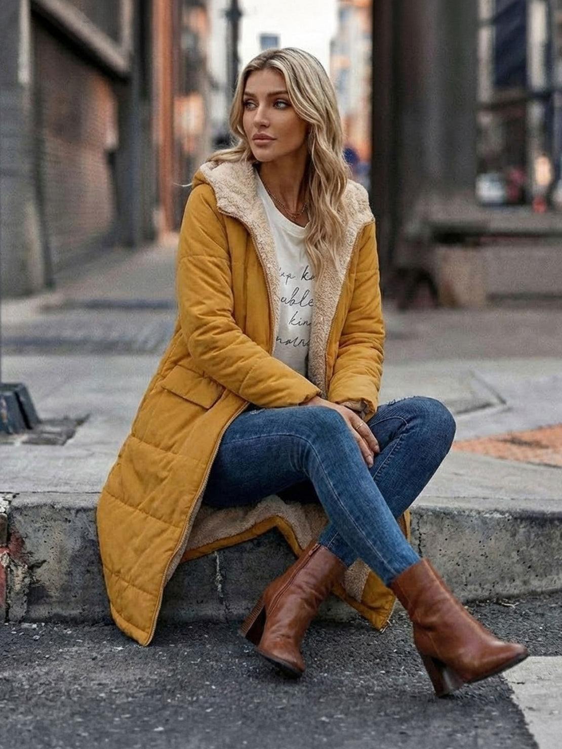 Woman wearing mustard sherpa-lined hooded teddy coat with blue jeans and brown boots sitting outdoors