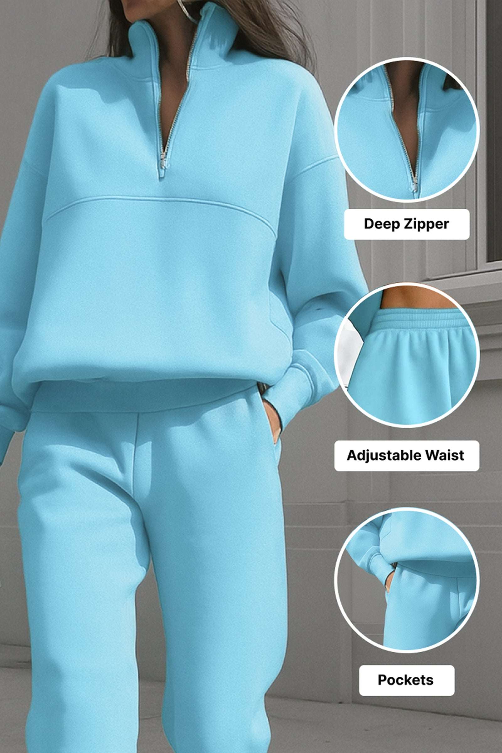 Light blue cotton blend tracksuit with deep zipper, adjustable waistband, and pockets.