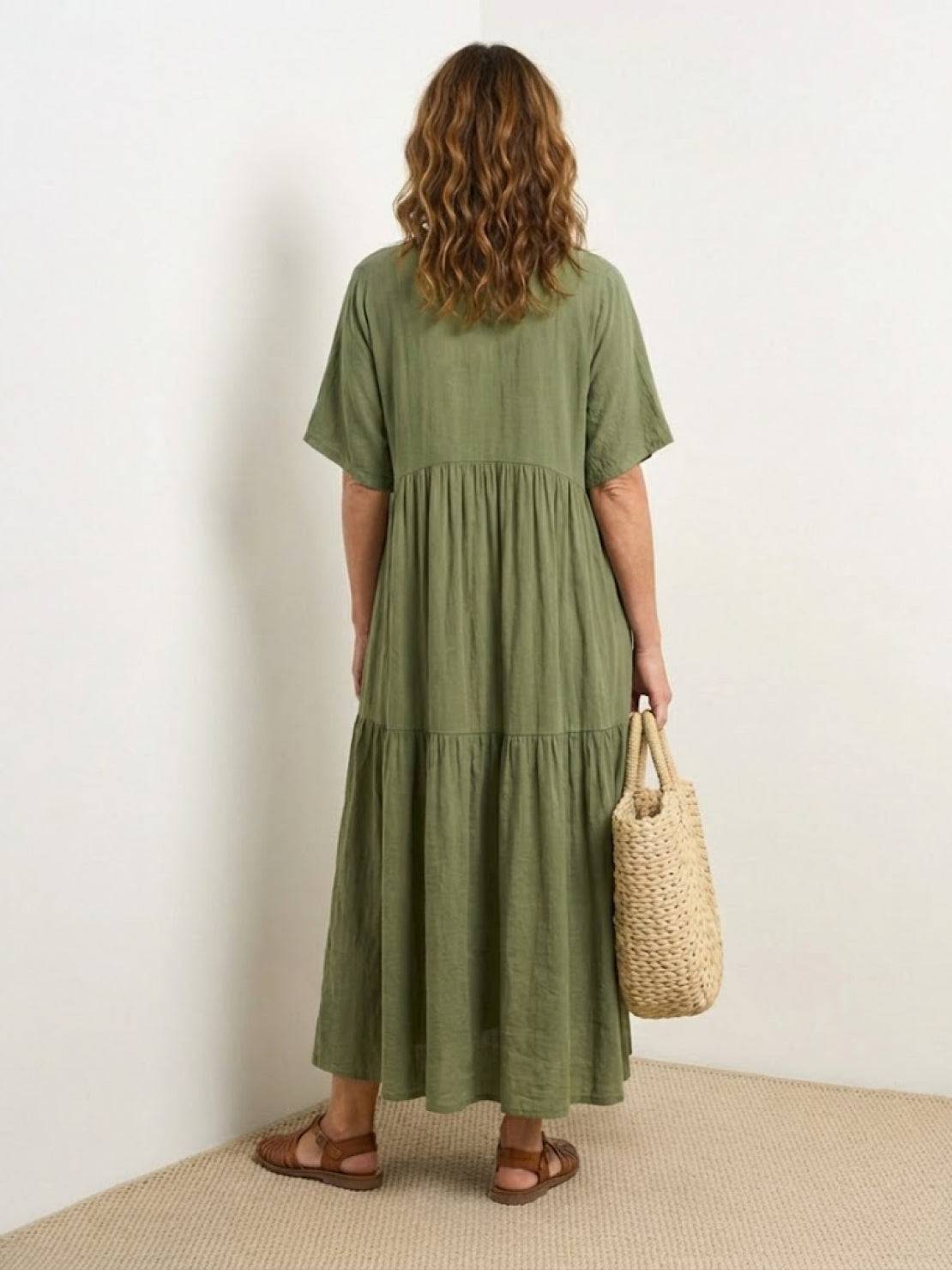 V-neck two-tiered maxi swing dress in flowing cotton fabric with irregular hem and loose sleeves