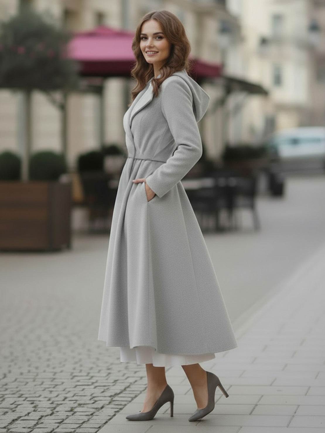 Elegant water-repellent rain A-line hooded coat with matching belt for women