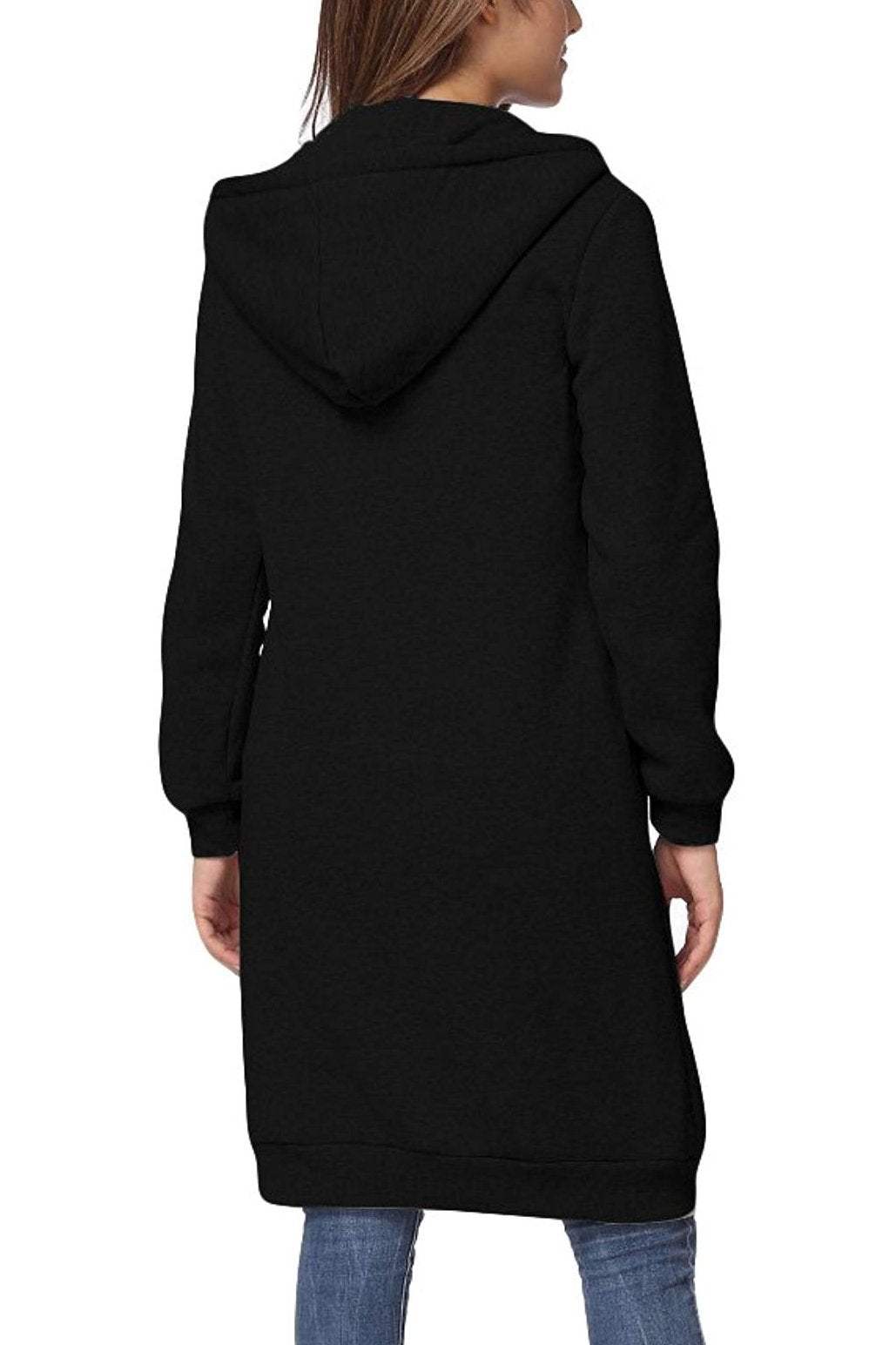 Black oversized long zip sweatshirt hoodie with hood and long sleeves, relaxed fit.