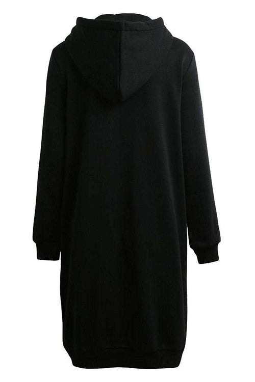 Black oversized long zip sweatshirt hoodie with fleece lining and hood, relaxed fit, perfect for layering and warmth.
