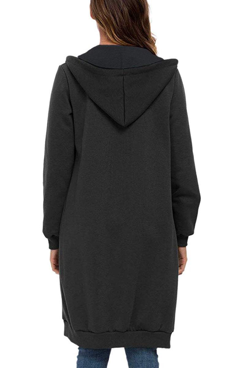 Back view of oversized long zip sweatshirt hoodie in black with hood and long sleeves