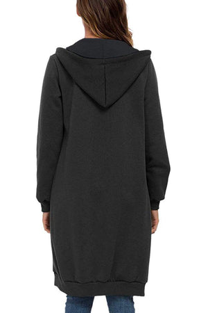 Back view of oversized long zip sweatshirt hoodie in black with hood and long sleeves