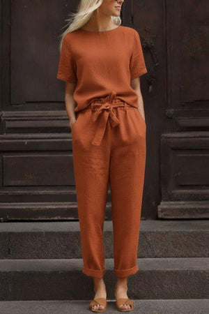 Women's relaxed rust cotton linen set with short sleeve top and straight-leg pants