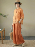 100% cotton linen Tuscany rise 2-piece breathable embroidered top and wide-leg trousers set
