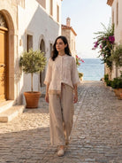 Cotton Linen Tuscany 2-piece set with embroidered top and wide-leg pants in breathable cotton linen blend