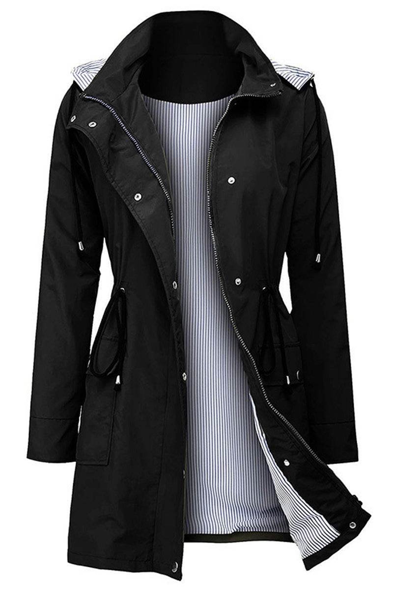black hooded water resistant windbreaker jacket with striped inner lining for women