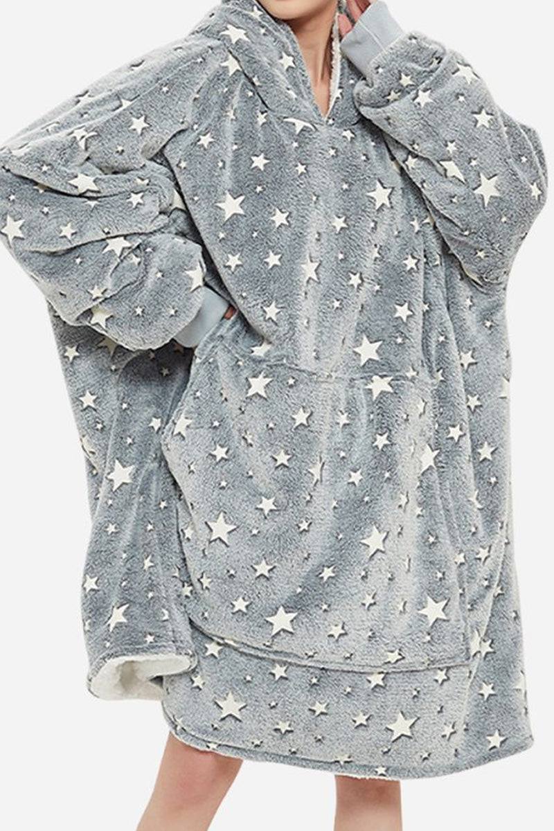 Oversized gray Lazy Fleece Blanket Sweater with white stars, hood, and front pocket, soft sherpa fleece material for warmth and comfort