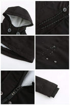 Black casual hooded velvet coat with adjustable drawstring hood, water-resistant surface, hidden elastic rib cuffs, and zipper closure details