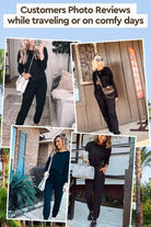 woman wearing cozy chic two-piece sweatsuit set with long-sleeve top and high-waisted pants with pockets