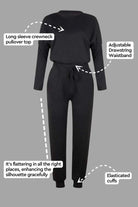 woman wearing cozy chic two-piece sweatsuit set with long-sleeve top and high-waisted pants with pockets