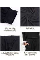 Woman wearing cozy chic two-piece sweatsuit set with long-sleeve top and high-waisted pants with pockets