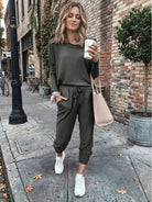 Cozy Chic Two-Piece Sweatsuit Set with long-sleeve top and high-waisted pants in soft, lightweight fabric