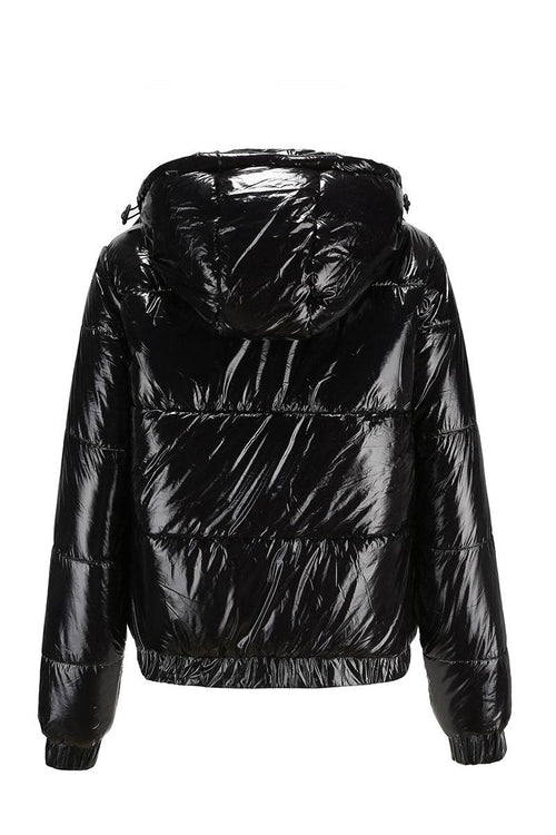 Black reflective anti-splash puffer jacket with hood and slim fit design
