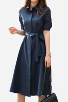 Navy Radiance Belted Shirt Dress with short sleeves and detachable waist belt in lightweight polyester fabric