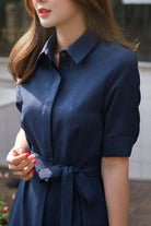 Navy Radiance Belted Shirt Dress with polo collar and detachable waist belt in lightweight polyester fabric