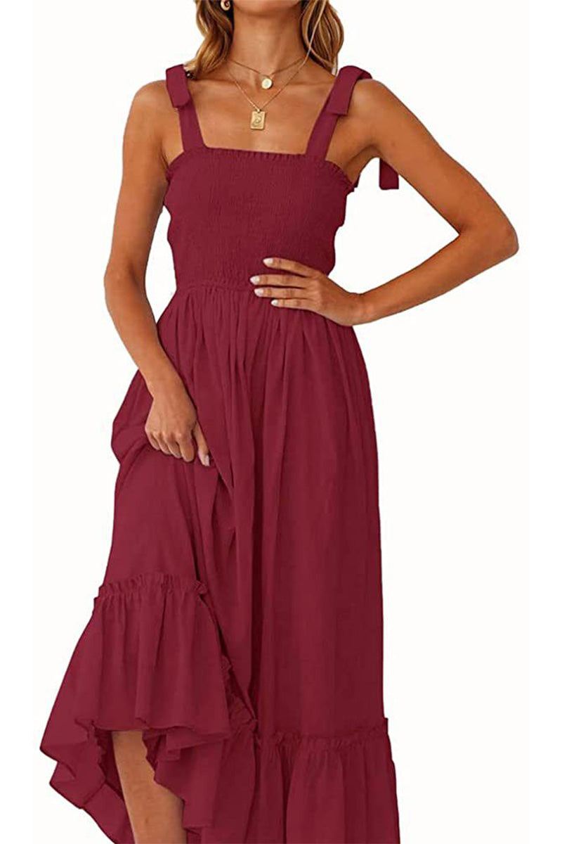 Sunkissed Spaghetti Boho Dress in burgundy with adjustable tie-up ribbon straps and flowy high-waist silhouette for summer comfort and style