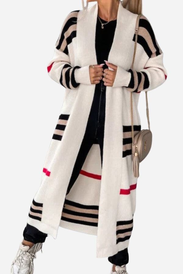 Cozy striped long knitted cardigan with oversized fit and soft fabric for comfortable warmth