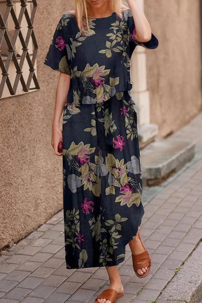 Floral print loose fit co-ord set with short sleeves and wide-leg pants perfect for casual comfort and style