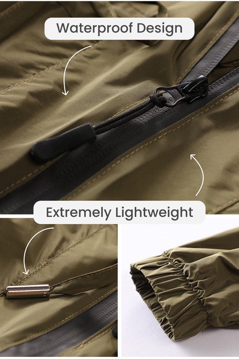 Close-up of waterproof, lightweight travel ready outdoor raincoat windbreaker zipper and elastic cuff details