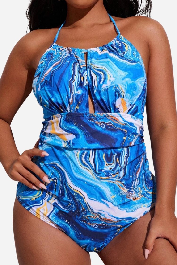 Curvy Comfort Plus Size one piece swimsuit with blue marble pattern and ruched bust support