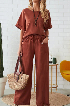 Classy & Laid Back Lifestyle: Rolled Cuff Top And Patch Pocket Pants Set