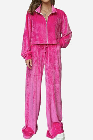 Pink velour Zip Up + Wide Leg Pants two-piece leisure co-ord set with cropped zippered jacket and drawstring waist pants.