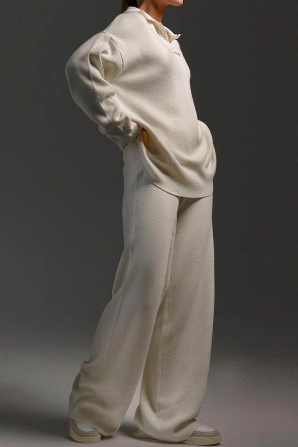 Plush and preppy camel two-piece set with polo collar pullover and wide-leg pants in soft, wrinkle-free fabric.