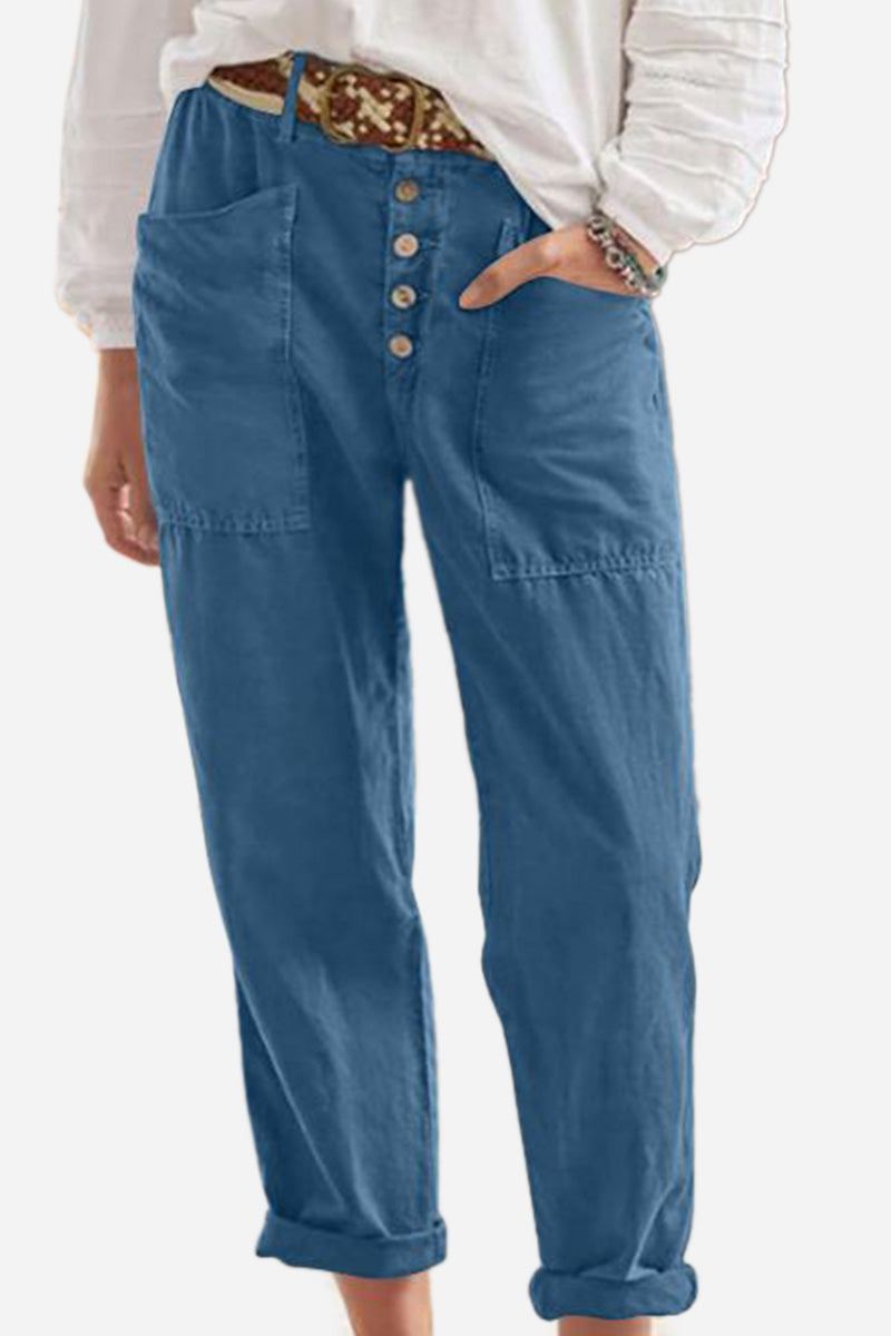 Blue casual button-down utility-chic trousers with deep pockets and rolled cuffs