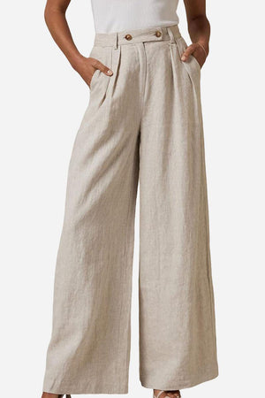 Wide leg high waist beige trousers with elastic waistband and pockets