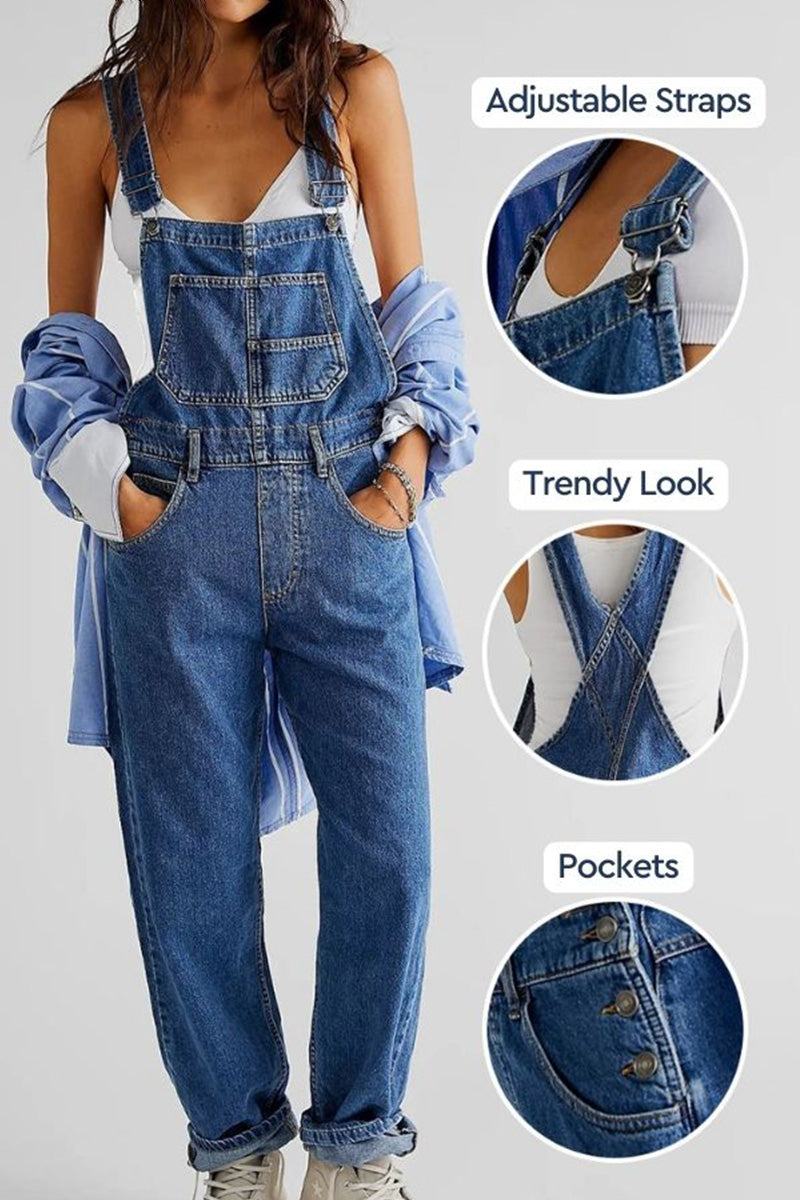 Denim-look tapered-leg adjustable bib overalls with pockets and trendy design