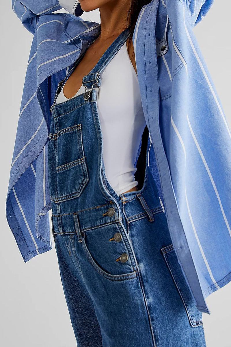 Denim-look tapered-leg adjustable bib overalls with soft cotton blend fabric and chic utility design