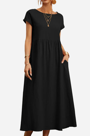 Capped-sleeve, Voluminous Pleated Midi Dress