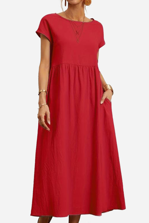 Capped-sleeve, Voluminous Pleated Midi Dress