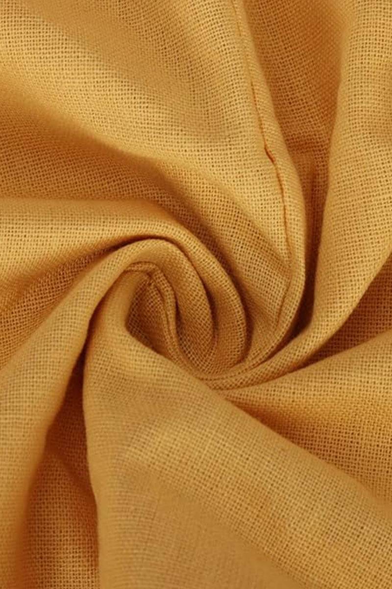 Close-up of soft mustard yellow cotton fabric texture for V-neck Cotton Two-Piece set