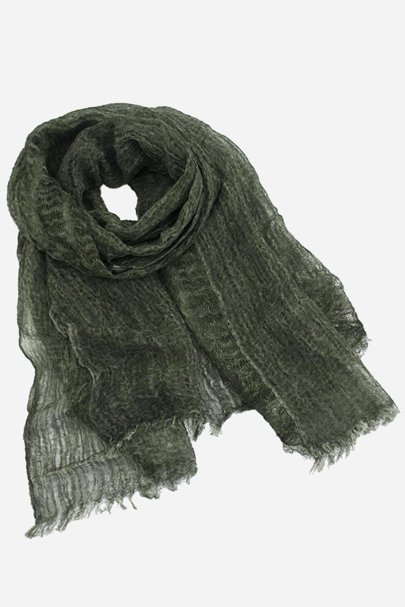 Dark green lightweight linen scarf with frayed edges, breathable and versatile accessory