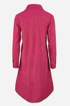 Back view of a vibrant pink long shirt-style dress with long sleeves and collar on plain background