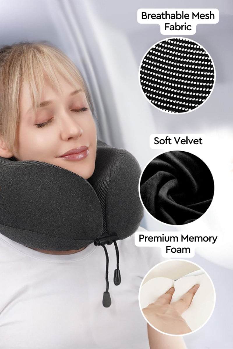 Travel Comfy Kit featuring premium memory foam neck pillow with breathable mesh fabric and soft velvet for ultimate travel comfort.