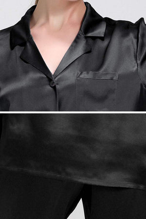 Black classic Mulberry Silk Pajama Set with button-down top and wide-leg pants