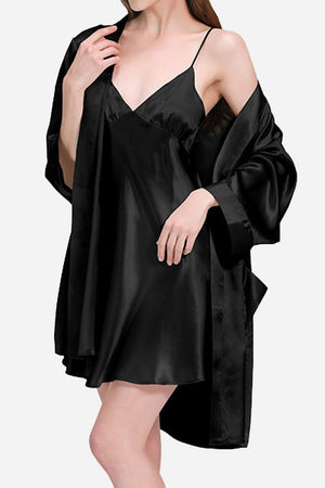 Black Mulberry Silk Nighty and Robe Set with relaxed fit and soft, breathable fabric for comfort