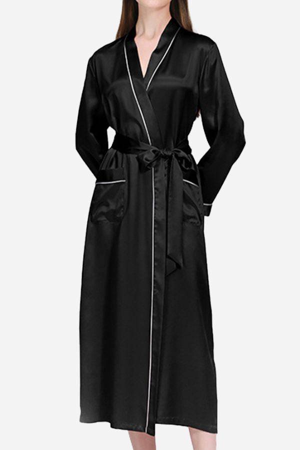 100 mulberry silk belted black classy nightgown with long sleeves and pockets