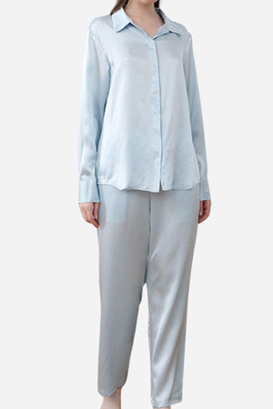 Light blue classic Mulberry Silk Sleepwear Set with long sleeves and full-length pants on model