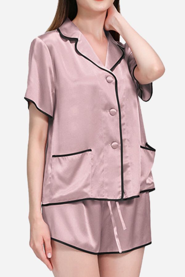 100% Mulberry Silk Hemd Trimmed Silk Pajama Set