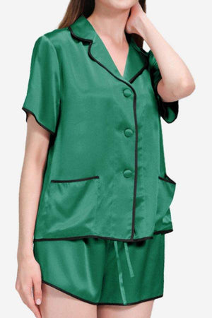 Green mulberry silk hemd trimmed short sleeve pajama set with black hems and shorts