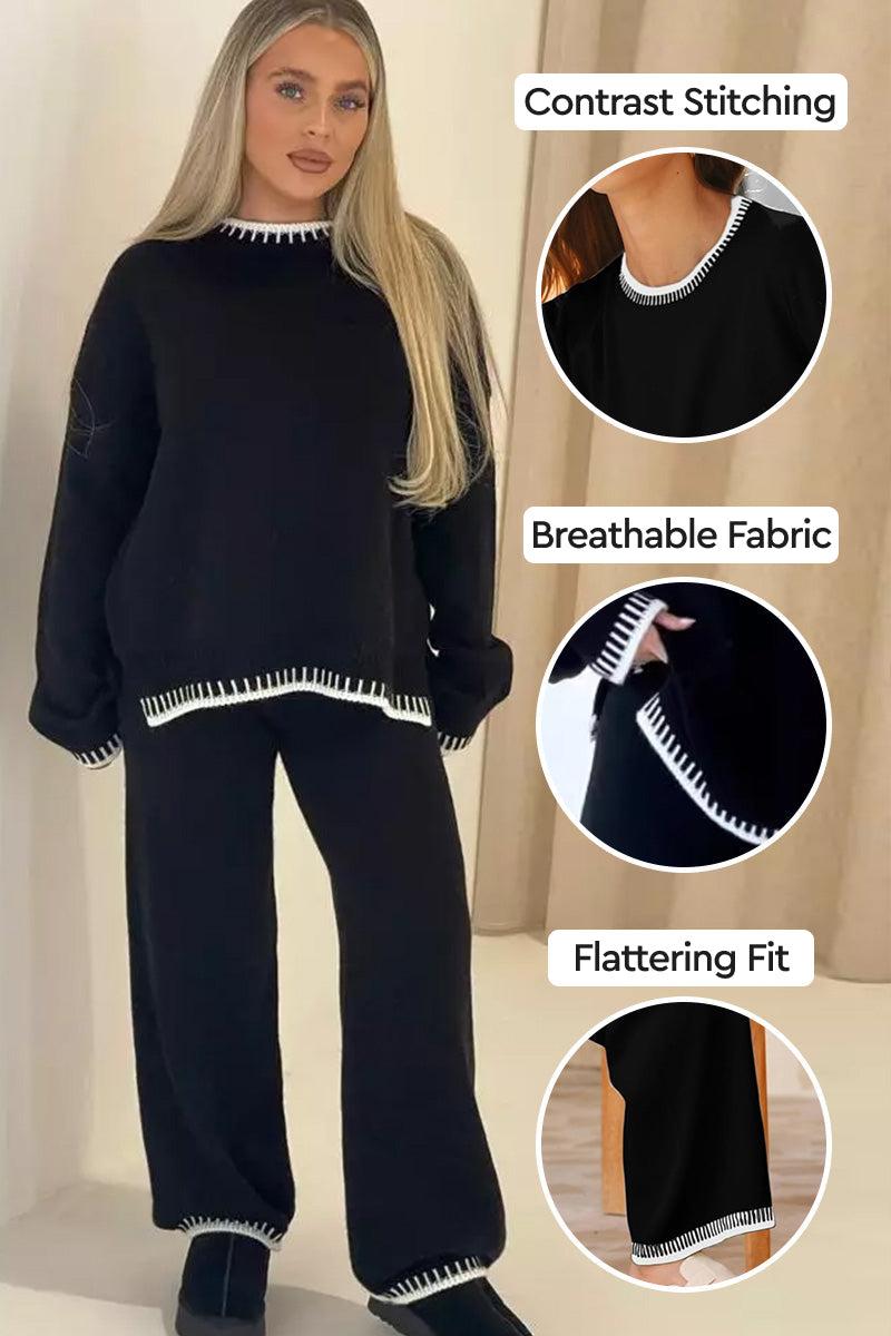 Woman wearing chic contrast stitch black travel set with breathable fabric and flattering fit details