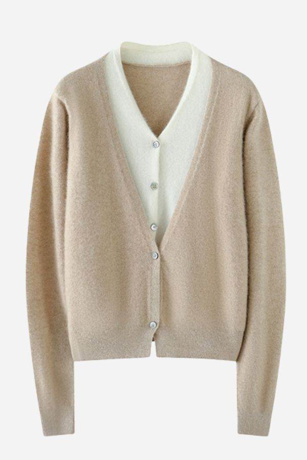 Beige single-breasted cashmere wool cardigan with cream inner layer, lightweight and stylish design