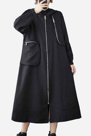 Black ZipLine Oversized Long Coat with large zippered pockets and A-line silhouette, lightweight waffle-textured fabric, one size fits all.